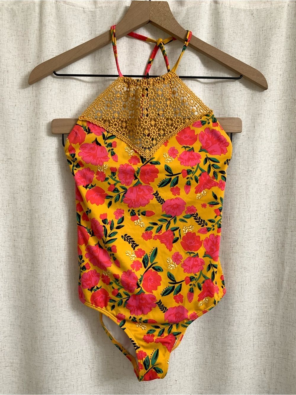 Billabong Girls 14-16 Sun Dream Yellow Floral Crochet Halter One-Piece Swimsuit